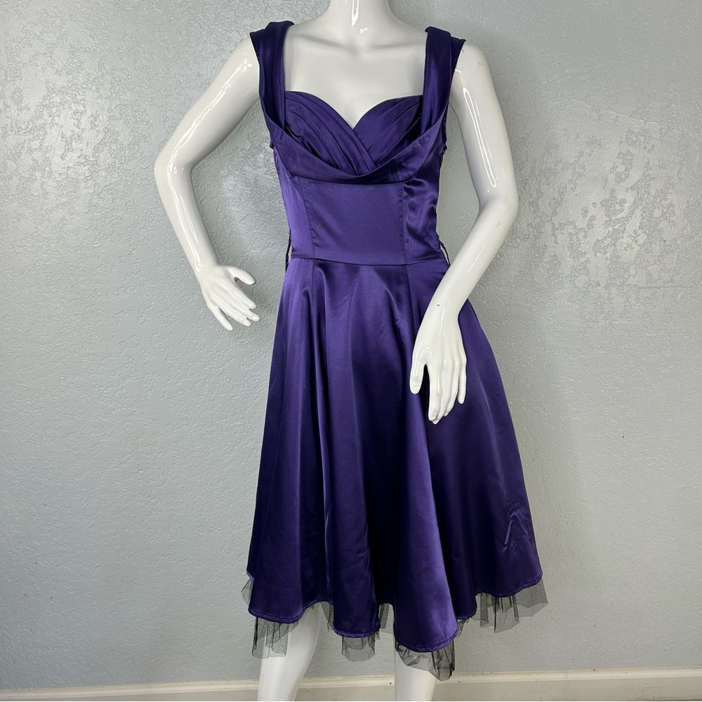 H & R London Purple Satin Retro Pin Up Style Fit Flare Tea Length Dress US 6 - Picture 1 of 15
